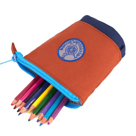 trousse porte crayon marron et marine