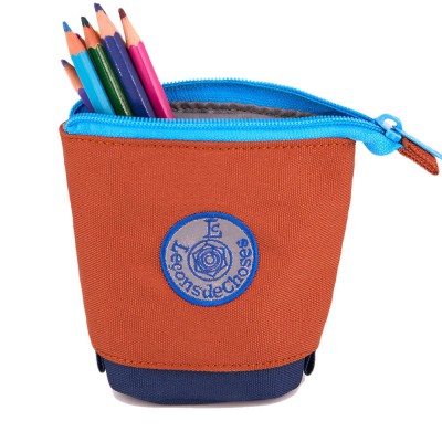 trousse porte crayon marron et marine